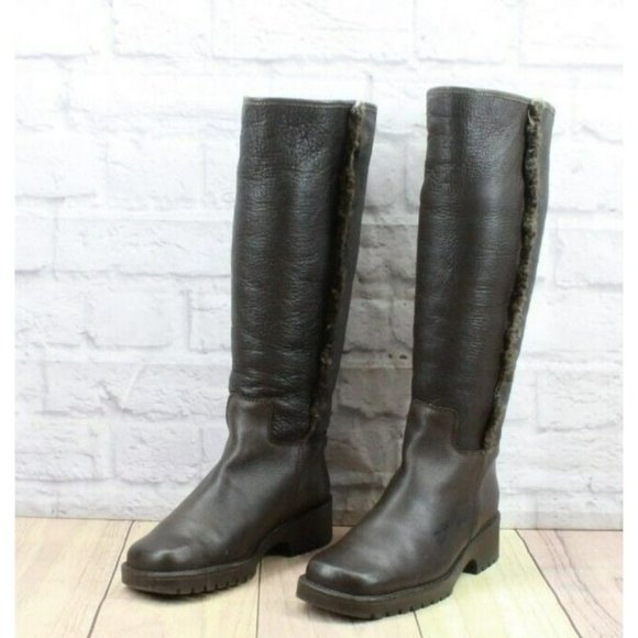 LL Bean Brown Leather Pull On Faux Fur Heeled Tall Boots Size 8 - Picture 2 of 11